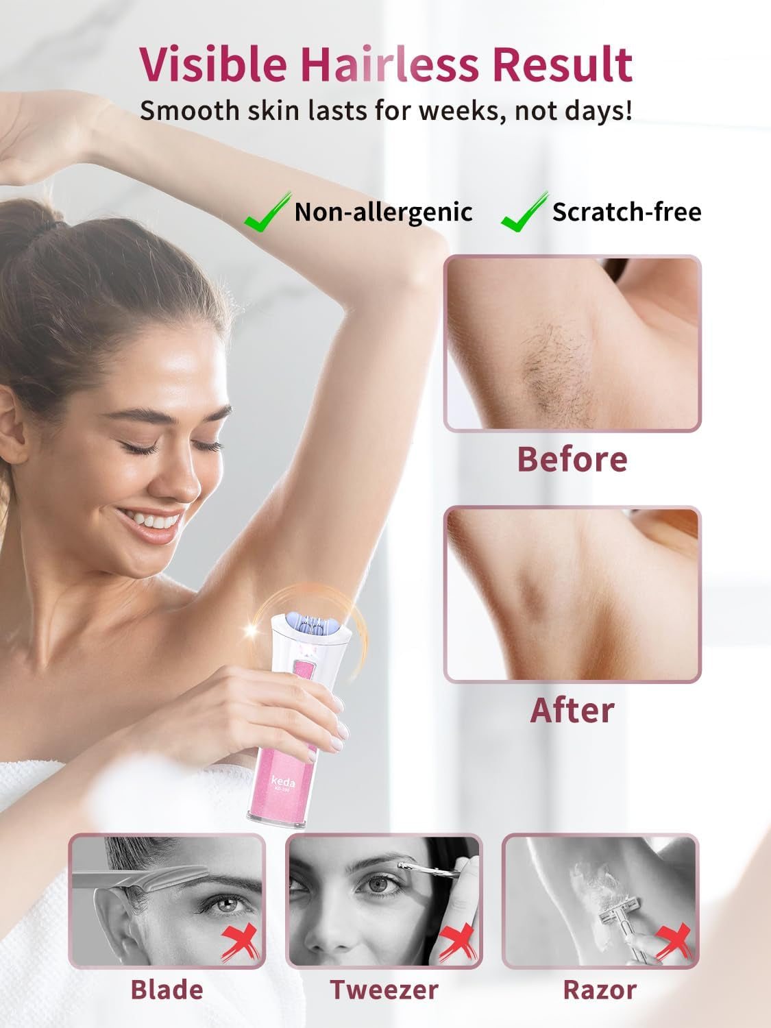 Skin Epilator, 2025 New Hair Remover for Women with LED Light, Portable Epilator, Epilator for Face/Arm/Pubic/Leg/Body/Finger/Bikini Area Electric Hair Remover