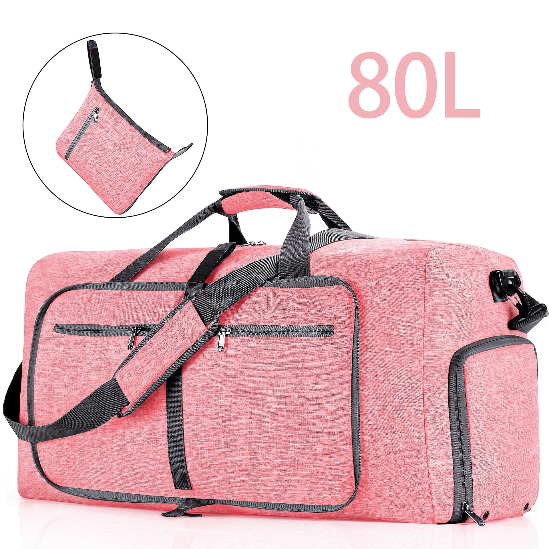 Travel Duffle Bag for Men Women, 80L Foldable Travel Duffel Bag with Shoes Compartment, 28" Extra Large Overnight Bag, Waterproof & Tear Resistant Weekender Bags (Pink)