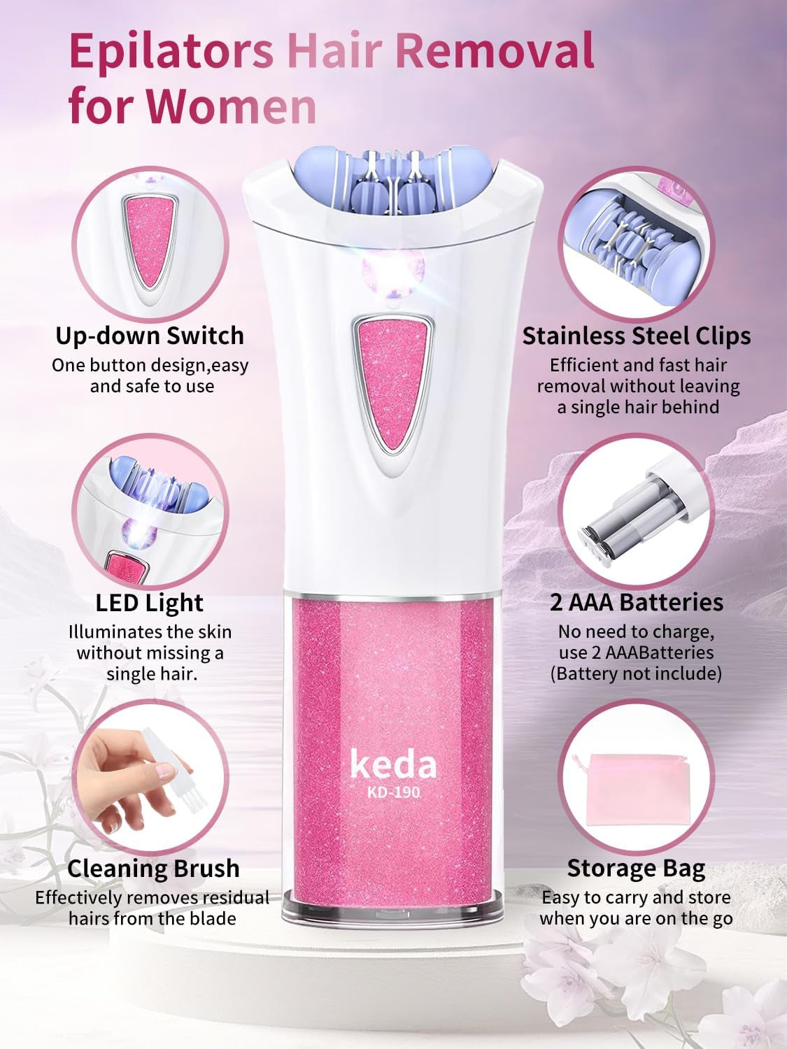 Skin Epilator, 2025 New Hair Remover for Women with LED Light, Portable Epilator, Epilator for Face/Arm/Pubic/Leg/Body/Finger/Bikini Area Electric Hair Remover