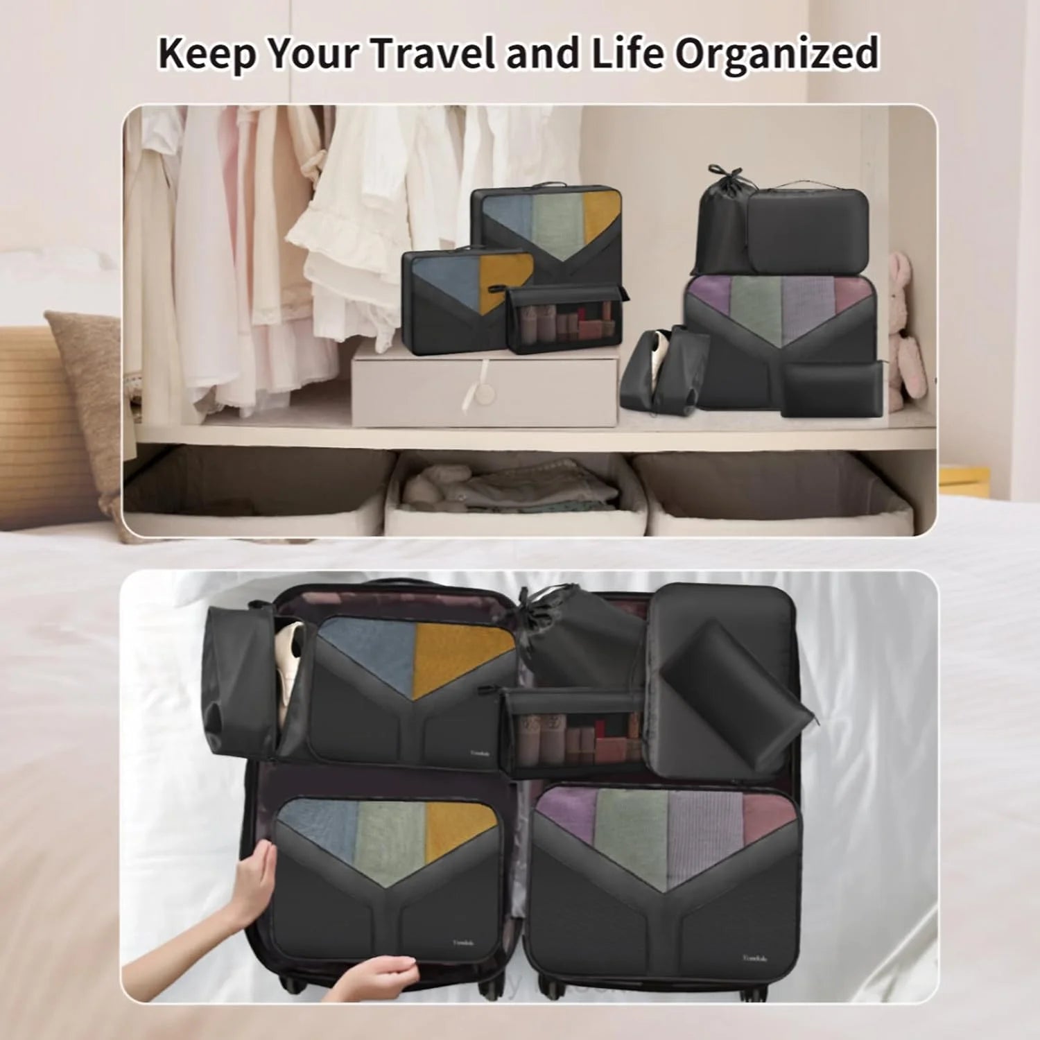 Packing Cubes 9 Set, Travel Packing Organizers with Large Toiletries Bag for Clothes Shoes, Black