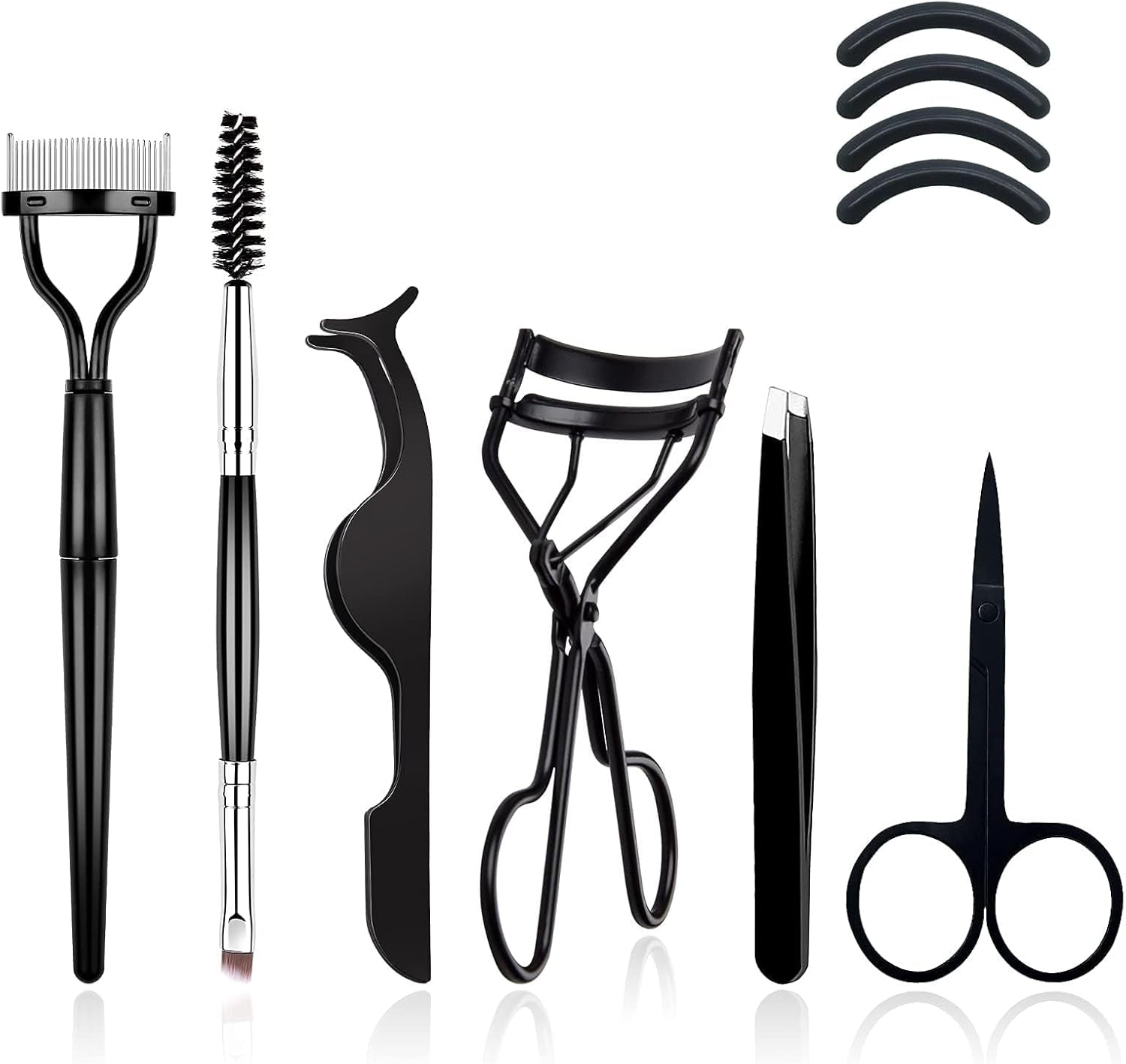 7Pcs Eyelash Comb Brush Tools Eyebrow Brush Comb Eyelash Separator Tool Professional Eye Brow Spoolie Brushes for Makeup Grooming Eyelash Curler Silicone Refill Pads Tweezers Scissors