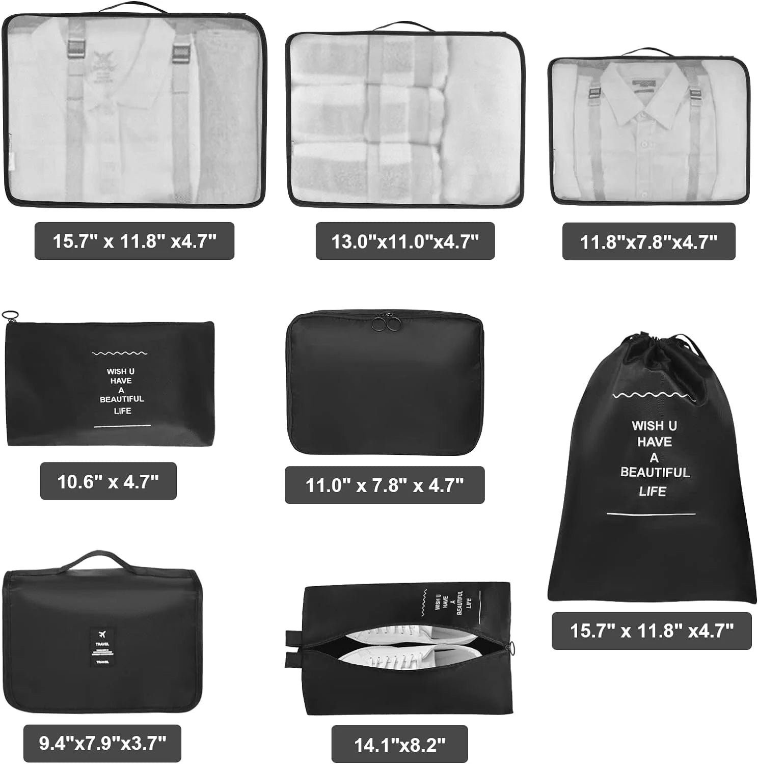 Packing Cubes 9 Set, Travel Packing Organizers with Large Toiletries Bag for Clothes Shoes, Black