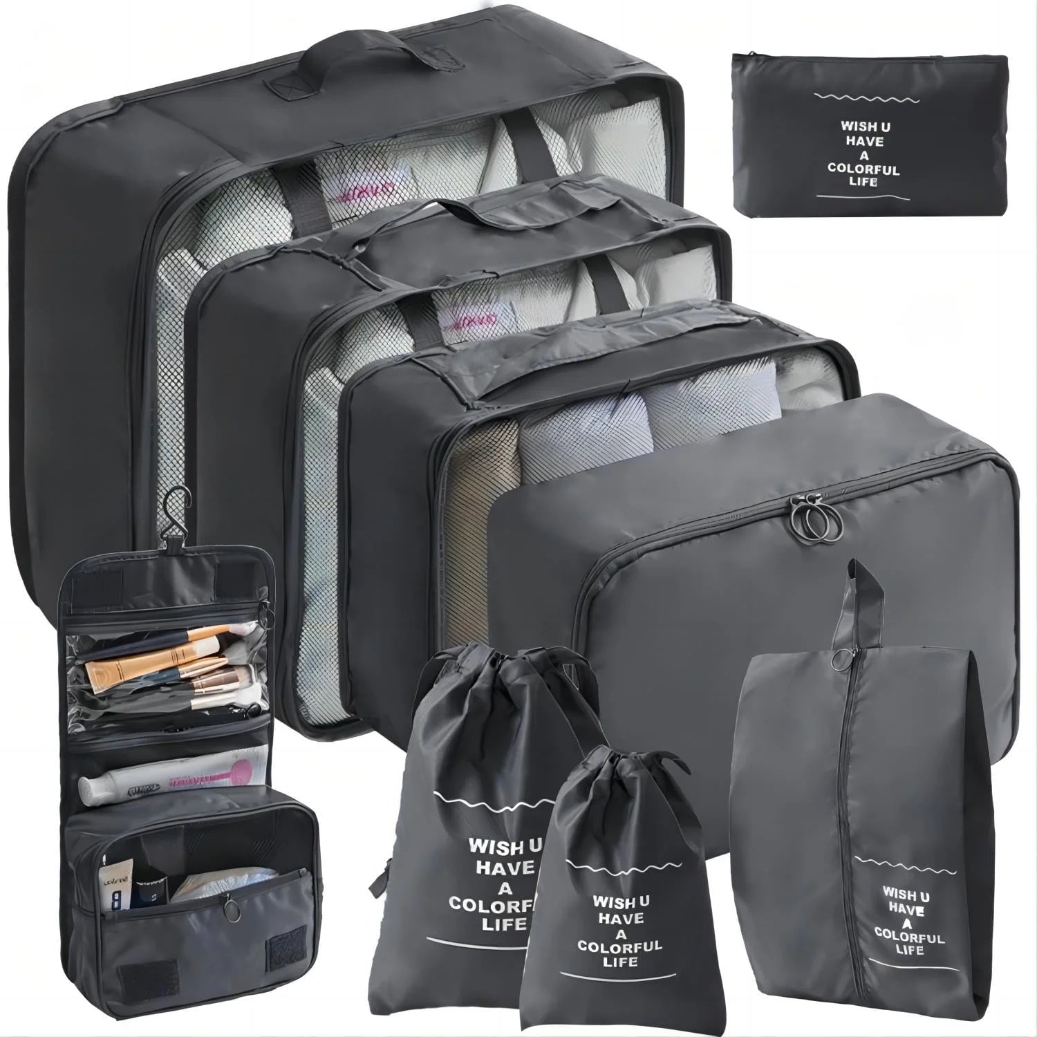 Packing Cubes 9 Set, Travel Packing Organizers with Large Toiletries Bag for Clothes Shoes, Black
