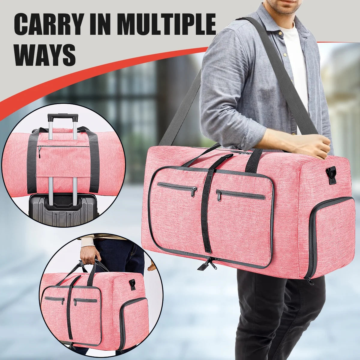Travel Duffle Bag for Men Women, 80L Foldable Travel Duffel Bag with Shoes Compartment, 28" Extra Large Overnight Bag, Waterproof & Tear Resistant Weekender Bags (Pink)