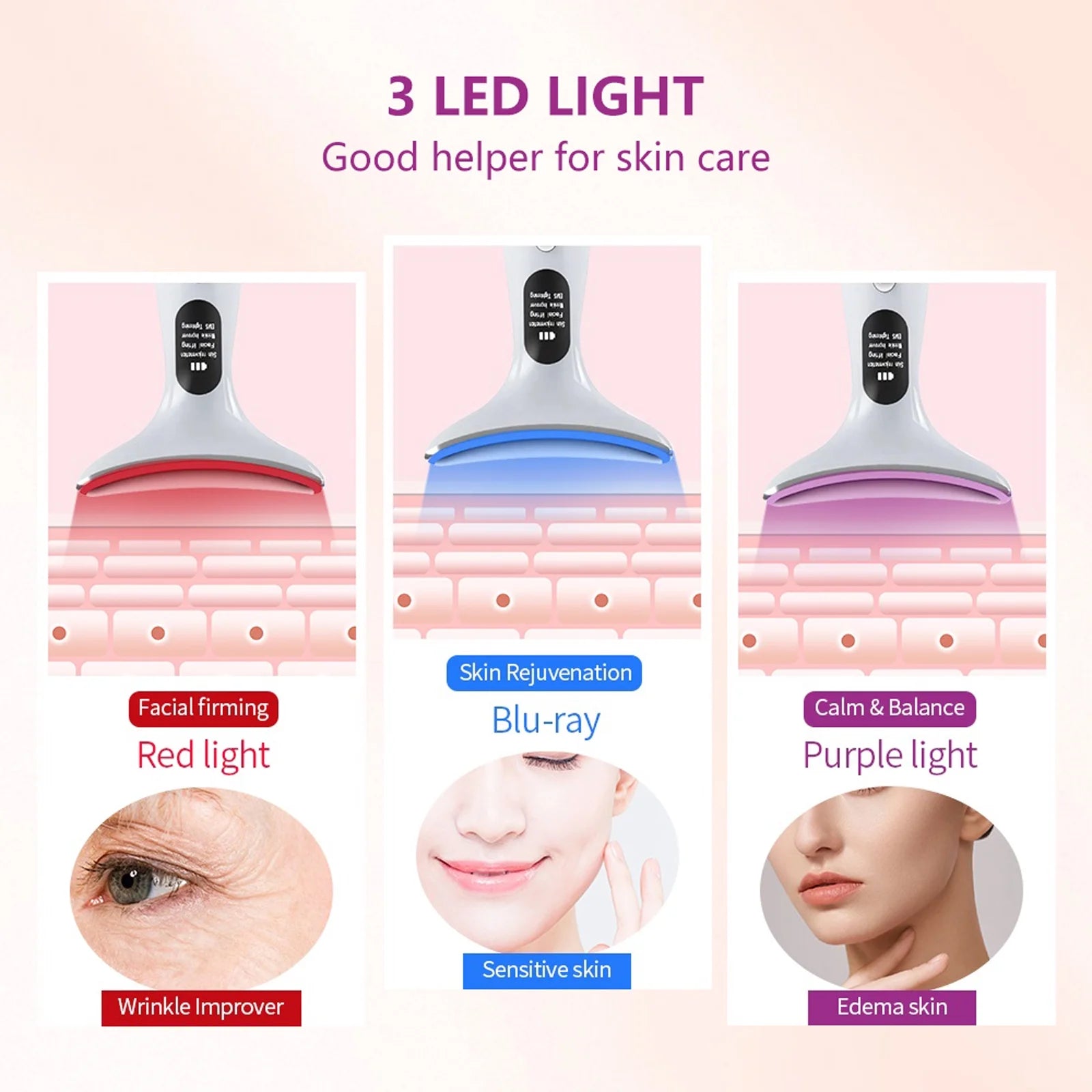 Face Neck Massager Red Light Therapy, 3 Color Facial Massager, Face 𝖲culpting Wand for Wrinkles, Skin Care, Firming, Rechargeable Beauty Tool