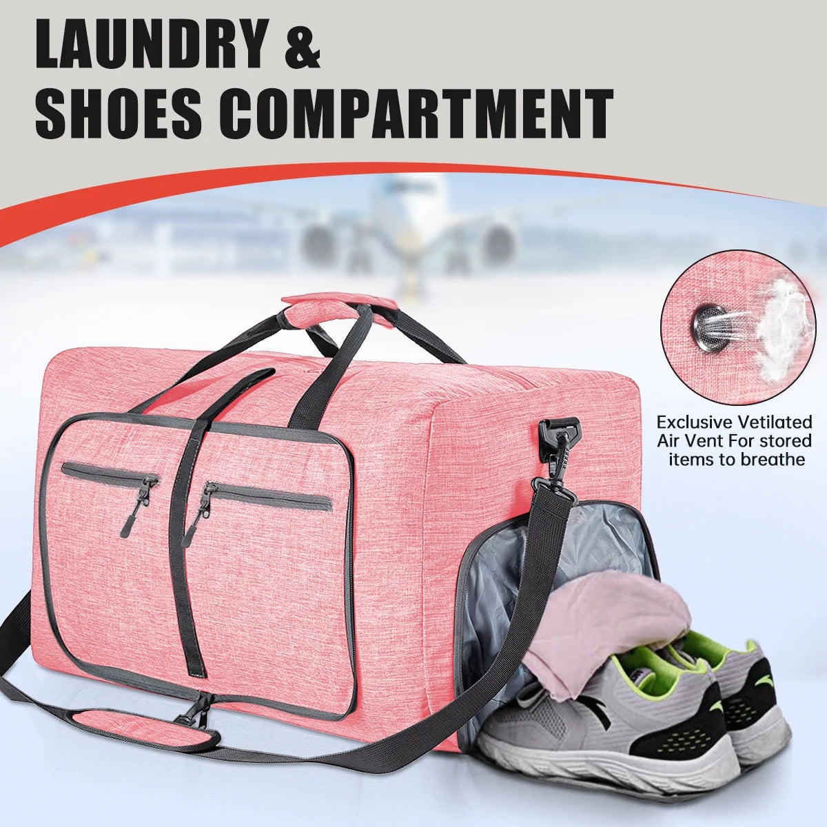 Travel Duffle Bag for Men Women, 80L Foldable Travel Duffel Bag with Shoes Compartment, 28" Extra Large Overnight Bag, Waterproof & Tear Resistant Weekender Bags (Pink)