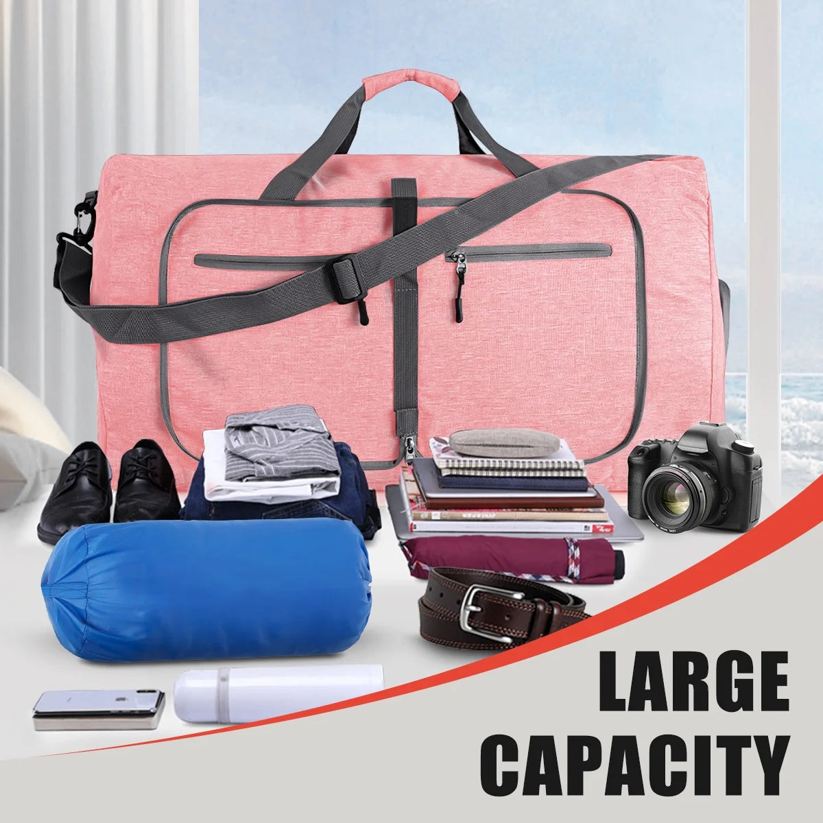 Travel Duffle Bag for Men Women, 80L Foldable Travel Duffel Bag with Shoes Compartment, 28" Extra Large Overnight Bag, Waterproof & Tear Resistant Weekender Bags (Pink)
