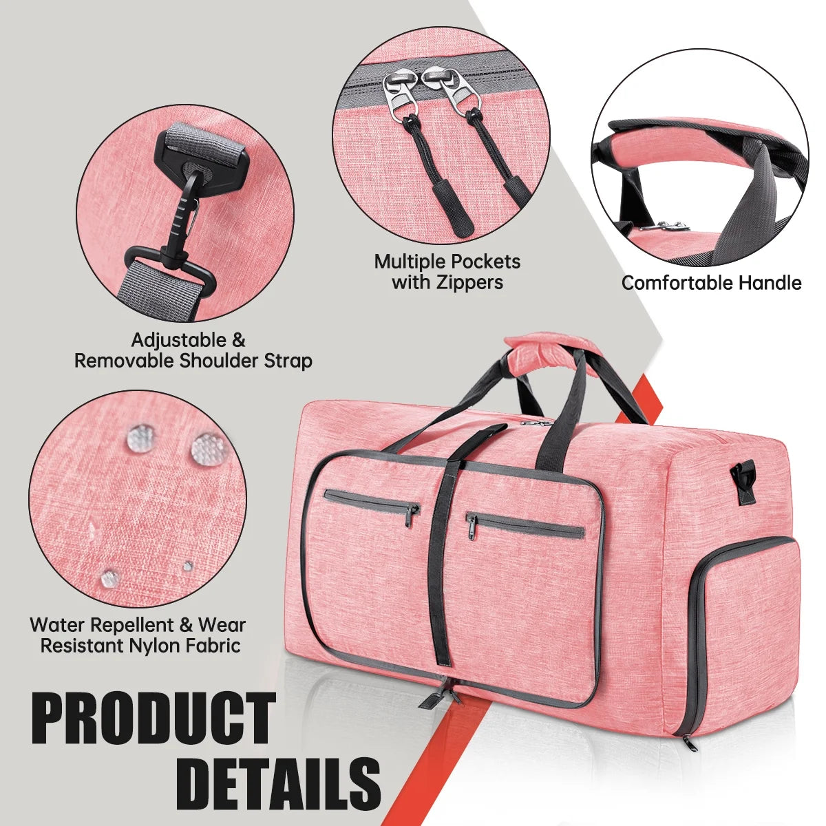 Travel Duffle Bag for Men Women, 80L Foldable Travel Duffel Bag with Shoes Compartment, 28" Extra Large Overnight Bag, Waterproof & Tear Resistant Weekender Bags (Pink)