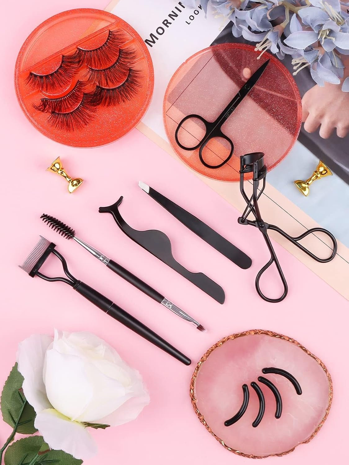 7Pcs Eyelash Comb Brush Tools Eyebrow Brush Comb Eyelash Separator Tool Professional Eye Brow Spoolie Brushes for Makeup Grooming Eyelash Curler Silicone Refill Pads Tweezers Scissors